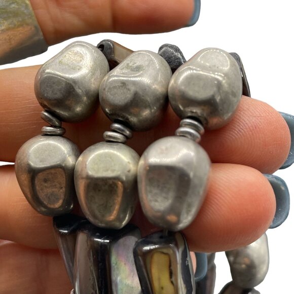 Gray Chunky Beaded Stretch Multi-Strand Bangle Bracelet Beach Vacation - Picture 3 of 5